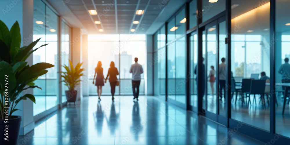 A blurred office conference room with large glass windows, blurred modern office meeting room interior A blurred office conference room with large glass windows, blurred modern office meeting room interior