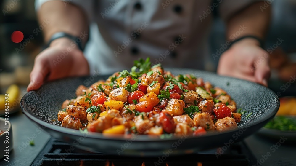 Chef Serving a Delicious Dish of Chicken and Vegetables Chef Serving a Delicious Dish of Chicken and Vegetables