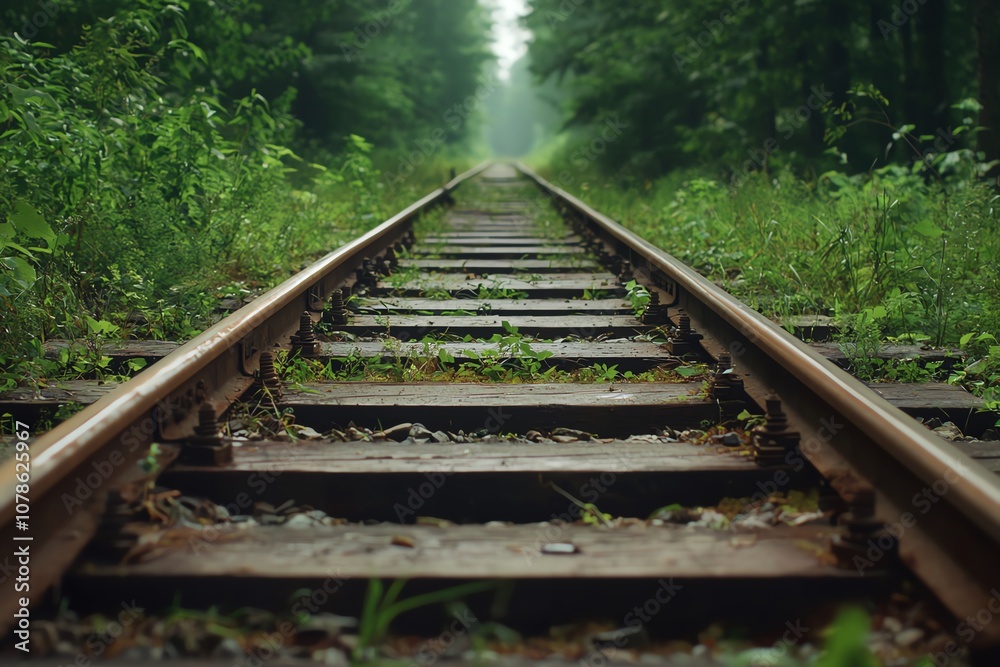 A tranquil view down an overgrown railway track surrounded by lush greenery. A tranquil view down an overgrown railway track surrounded by lush greenery.