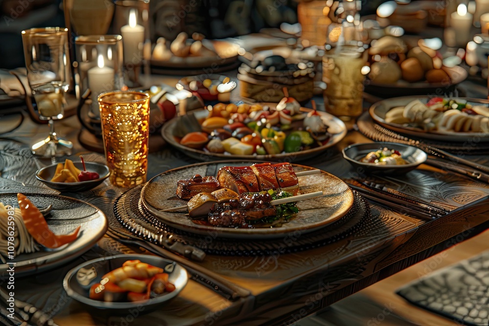 Dinner table with various dishes and drinks. Dinner table with various dishes and drinks.