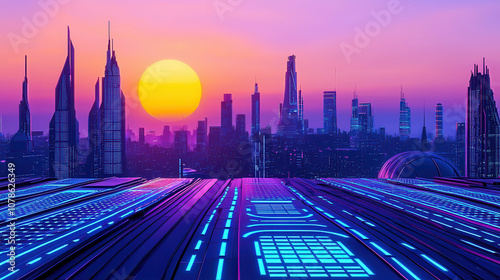 Futuristic city skyline at sunset with vibrant colors and glowing lights