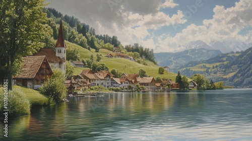 Picturesque village nestled on the banks of a calm lake surrounded by lush green hills and mountains.