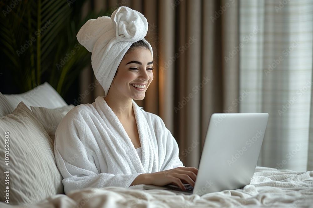 A happy woman in a white robe with a towel on her head, sitting at a laptop... A happy woman in a white robe with a towel on her head, sitting at a laptop...