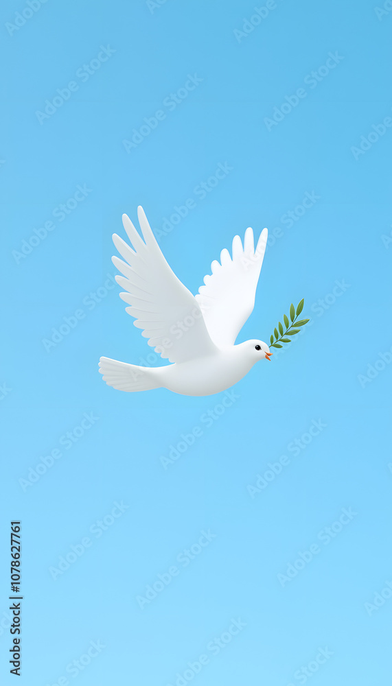 Fototapeta premium A white dove holding an olive branch against a clear blue sky symbolizes peace and tranquility
