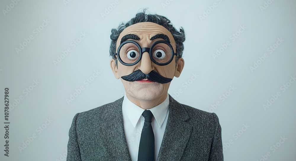 A man in a suit and tie wearing a Groucho costume mask with a mustache,... A man in a suit and tie wearing a Groucho costume mask with a mustache,...