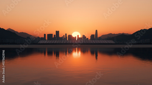 stunning sunset over city skyline, reflecting on water with solar panels in foreground. warm colors create serene atmosphere