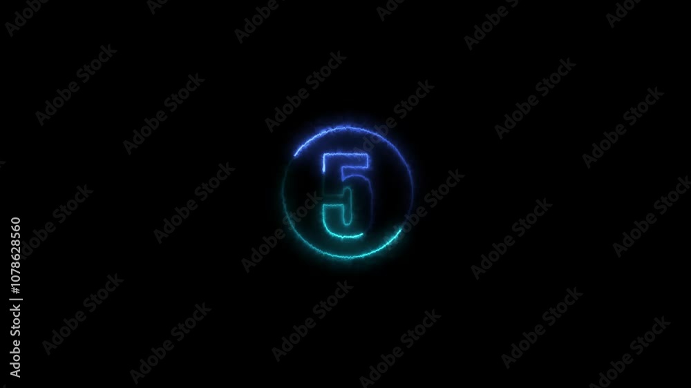 5 number text font with neon light. Luminous and shimmering haze inside the letters of the text ten number. Appears and disappears. Fiery style. 4k. Seamless loop. 5 number text font with neon light. Luminous and shimmering haze inside the letters of the text ten number. Appears and disappears. Fiery style. 4k. Seamless loop.