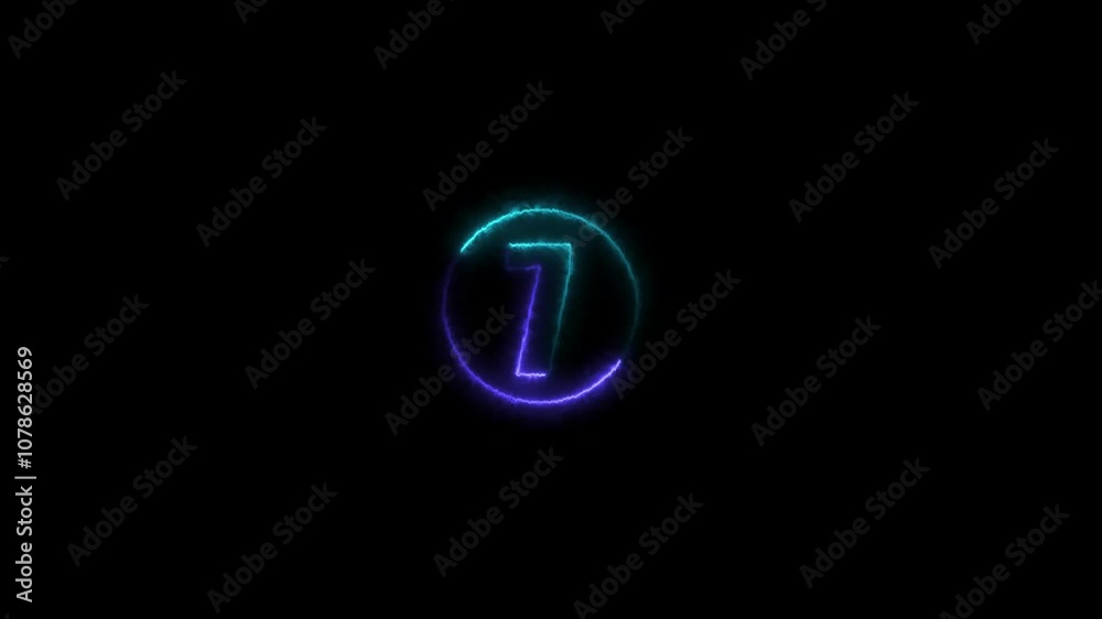 7 number text font with neon light. Luminous and shimmering haze inside the letters of the text ten number. Appears and disappears. Fiery style. 4k. Seamless loop.