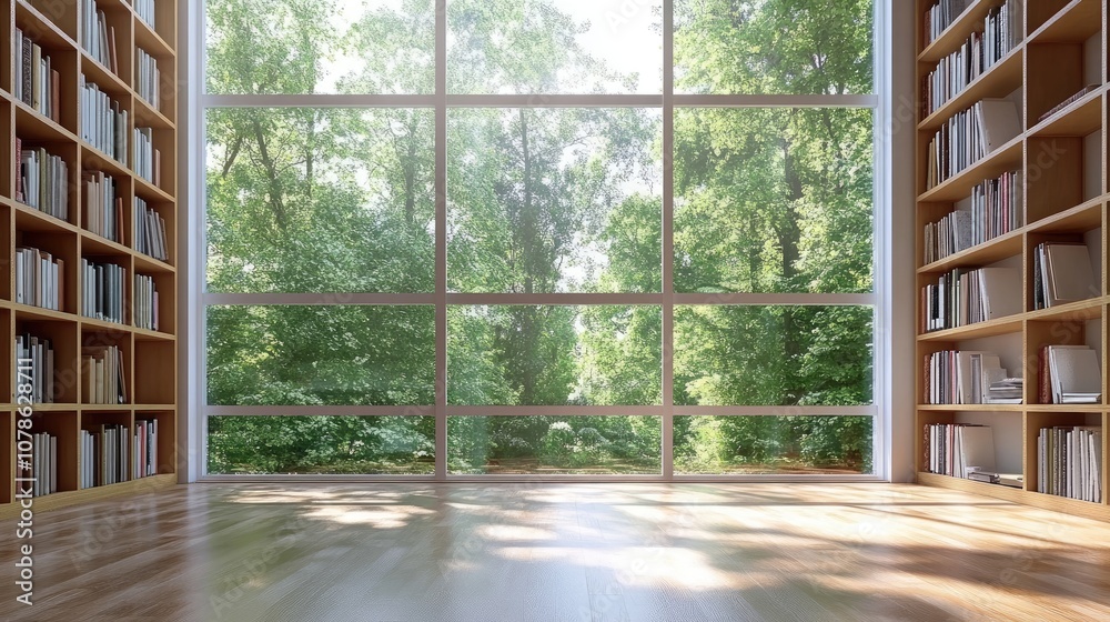 Spacious room with a large window overlooking a lush green forest. Sunlight streams through the windows, illuminating the wooden floor and bookshelves. Spacious room with a large window overlooking a lush green forest. Sunlight streams through the windows, illuminating the wooden floor and bookshelves.