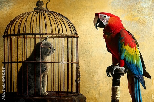 A parrot in an old bird cage, a grey cat watching the red and blue macaw... photo