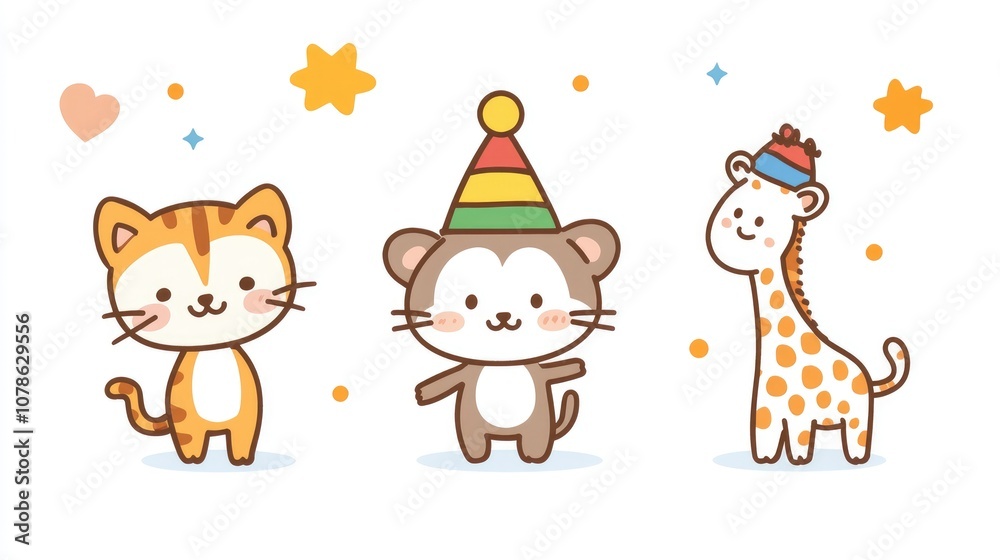 Obraz premium Cute Cartoon Animal Characters in Festive Hats