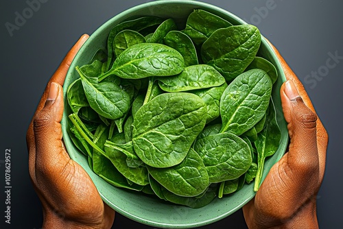 A person holding up a bowl of fresh spinach leaves. Shot with a Nikon with a...