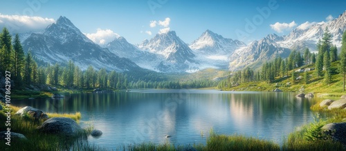 Tranquil mountain lake with snow-capped peaks and lush greenery under a bright blue sky.