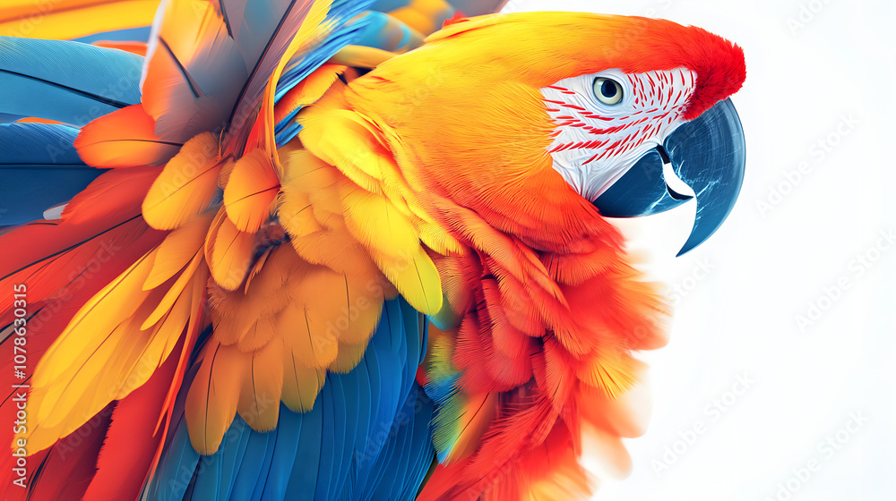 Fototapeta premium Dynamic Macaw Bird Showcased with Multi-Colored Feathers Against a Solid White Background for Cheerful Wallpapers