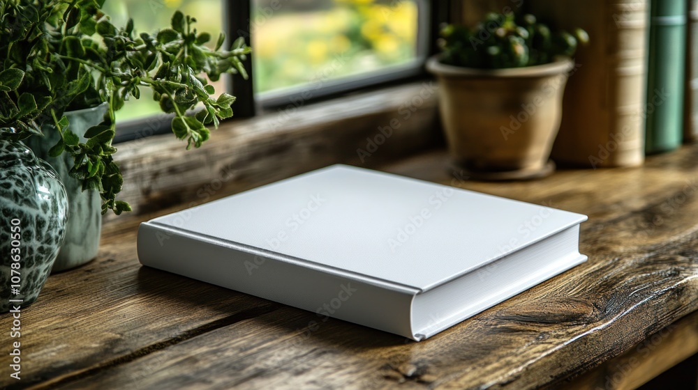 A blank book on a wooden table near plants and a window. A blank book on a wooden table near plants and a window.