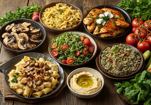 Mediterranean Feast: Pasta, Chicken, Salad, Hummus & Grain Bowl