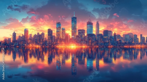 Vibrant city skyline at sunset reflecting on water.