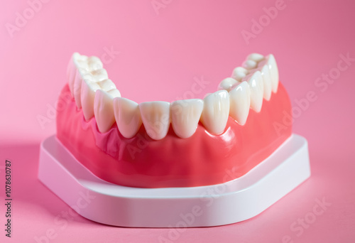 A dental model with pink gums and white teeth