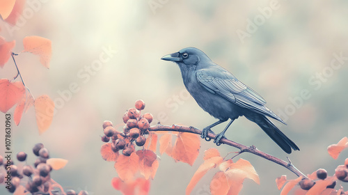 Beautifully Detailed Drawing of a Crow Perched on a Branch Against a Muted Background for Classic Wallpaper photo