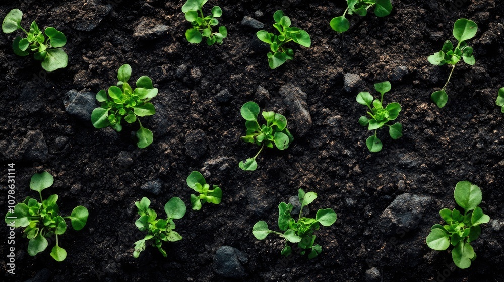 Rustic organic garden background with green sprouts and soil texture. Rustic organic garden background with green sprouts and soil texture.