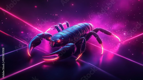 A metallic scorpion glows with neon pink light in a dark, futuristic setting. photo