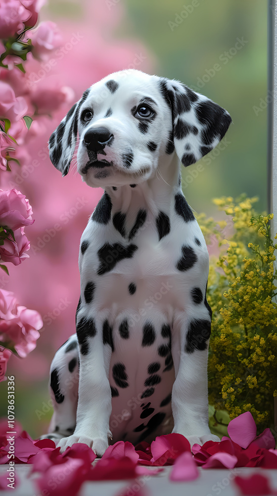 Photo of Dalmatian puppy spots in the shape of hearts on a pink Valentine's Day background with rose petals Photo of Dalmatian puppy spots in the shape of hearts on a pink Valentine's Day background with rose petals