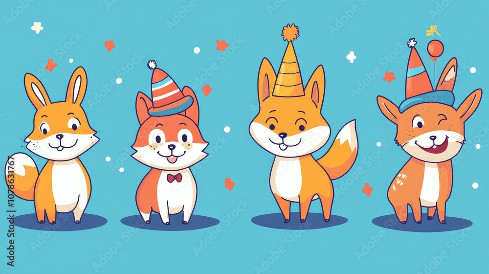 Fototapeta premium Fun Illustrations of Various Cartoon Animals in Party Hats