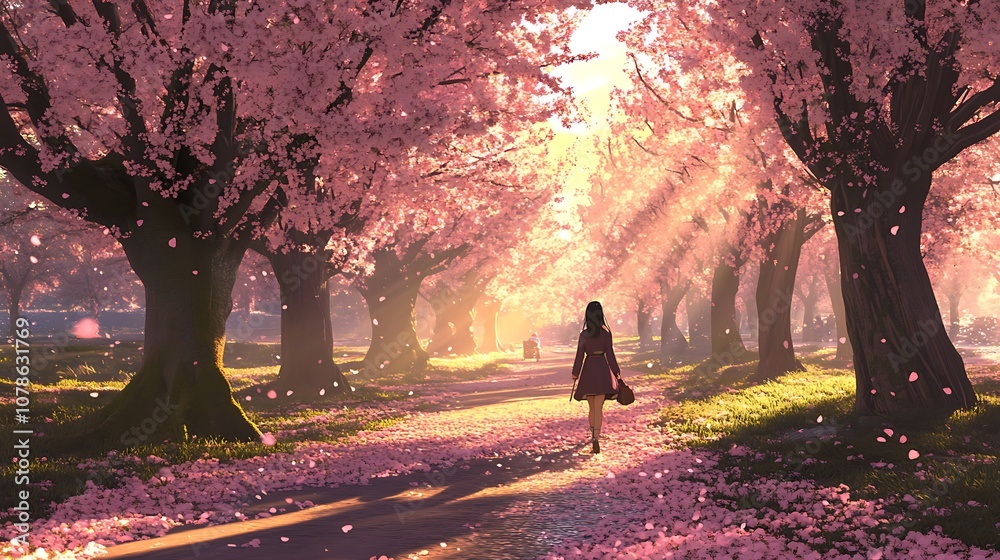 Anime girl walking through a peaceful cherry blossom park in spring