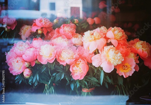 Vibrant Pink and Coral Peonies in Flower Shop photo