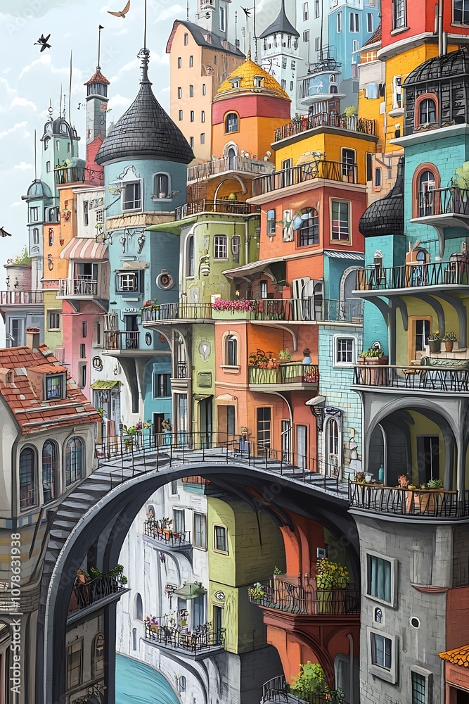 Fototapeta premium A whimsical, interconnected city with buildings stacked on top of each other and bridges connecting them