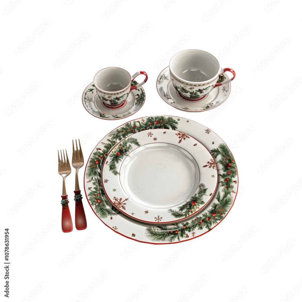 Christmas-themed dinnerware, 100% white background, 3d model, no Christmas-themed dinnerware, 100% white background, 3d model, no