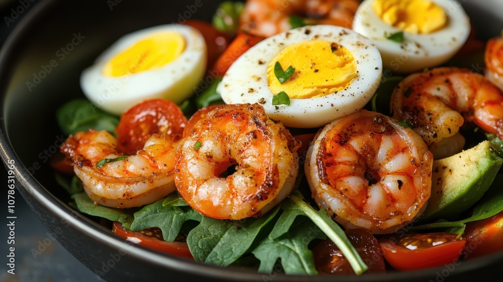 This appetizing image features a fresh salad of shrimps, spinach, tomatoes, and boiled eggs, beautifully arranged in a matte black bowl, offering a gourmet culinary delight. This appetizing image features a fresh salad of shrimps, spinach, tomatoes, and boiled eggs, beautifully arranged in a matte black bowl, offering a gourmet culinary delight.