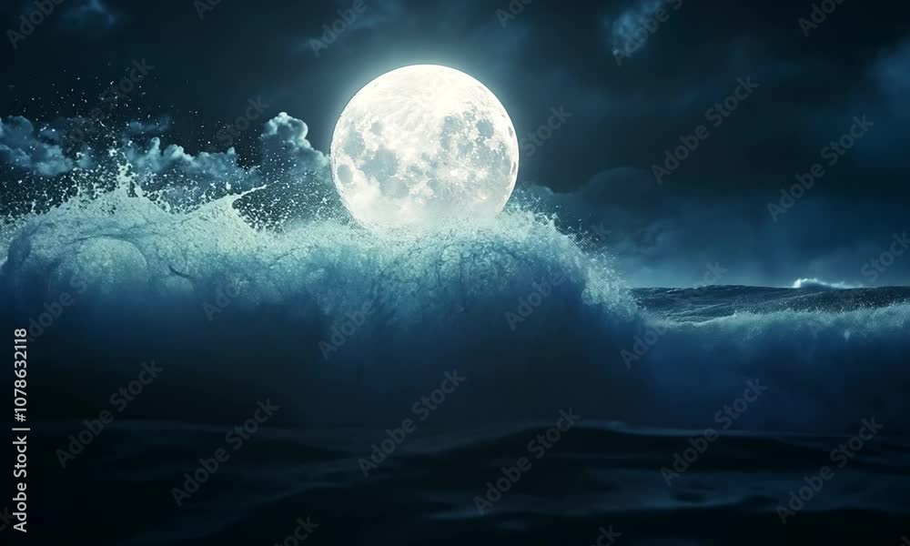 A serene night scene featuring a large, luminous moon illuminating the ocean waves under a cloudy sky, creating a tranquil and mysterious atmosphere. A serene night scene featuring a large, luminous moon illuminating the ocean waves under a cloudy sky, creating a tranquil and mysterious atmosphere.