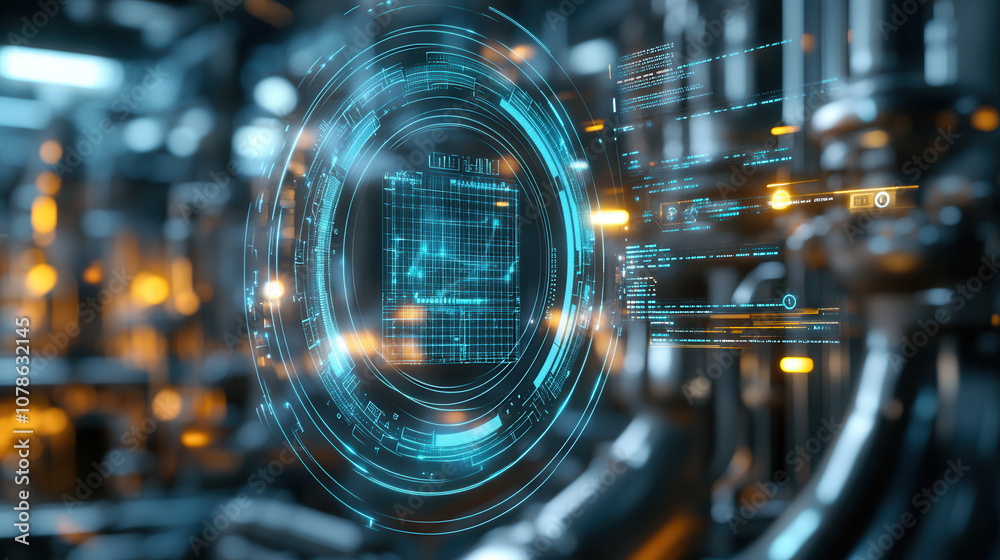Futuristic industrial interface with digital data visualization and glowing elements, showcasing advanced technology in modern setting Futuristic industrial interface with digital data visualization and glowing elements, showcasing advanced technology in modern setting