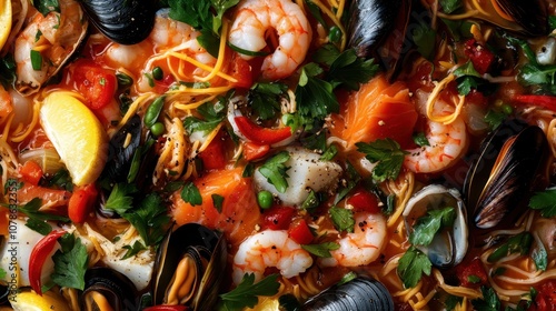 A vivid seafood pasta dish, featuring shrimp, mussels, and an array of colorful vegetables on a bed of noodles, crafted with spices and herbs. photo