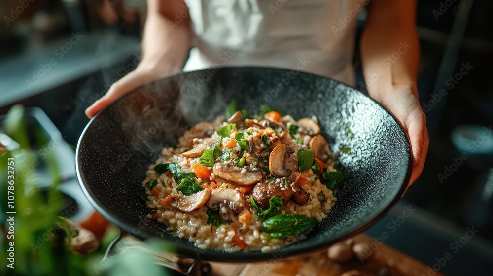 A steaming dish of creamy mushroom risotto is served with fresh vegetables, creating a warm and comforting meal, ideal for a cozy and inviting culinary experience.