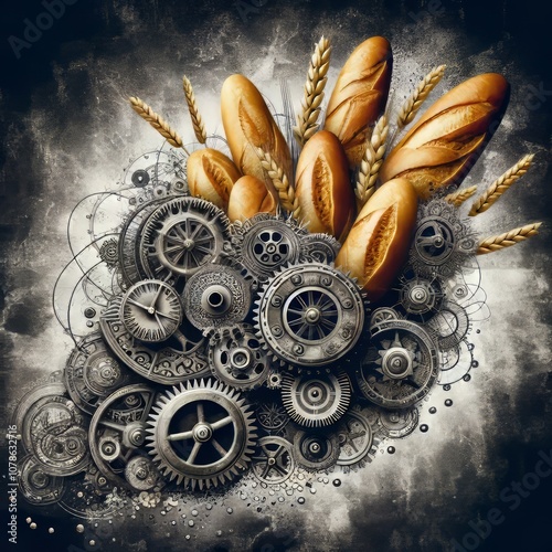 Steampunk Gears and Grains Grains or bread depicted with mechani photo