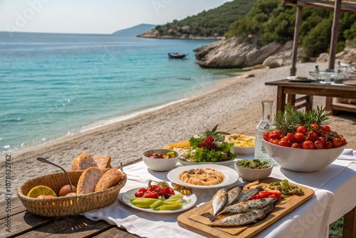 Vibrant Mediterranean Cuisine Styled on Shengjini Beach, Albania: A Feast of Fresh Seafood, Colorful Vegetables, and Local Delicacies Against a Stunning Coastal Backdrop photo