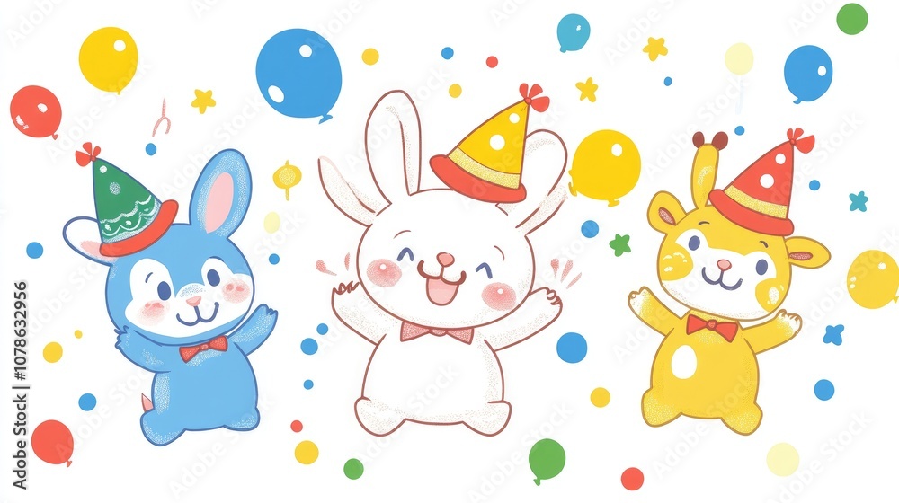 Cute Animals Celebrating Together with Joyful Expressions Cute Animals Celebrating Together with Joyful Expressions