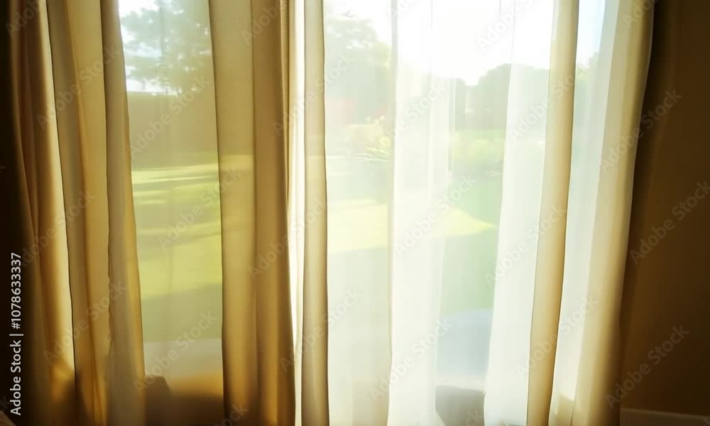 Morning light through a window with curtains and a wooden frame, offering a view of the green city landscape and sky Morning light through a window with curtains and a wooden frame, offering a view of the green city landscape and sky