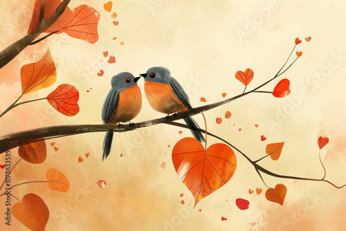 Wallpaper Mural Charming pair of birds on a branch with leaves, symbolizing love and harmony in nature. Torontodigital.ca