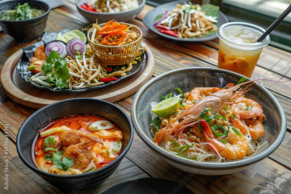 Seafood dishes with iced tea on wooden table. Seafood dishes with iced tea on wooden table.