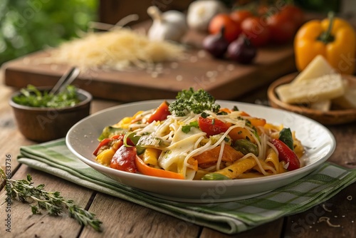 Vibrant Pasta with Fresh Vegetables and Cheese on a Rustic Wooden Table, Perfectly Styled for a Gourmet Food Photography Shoot to Showcase Culinary Delights