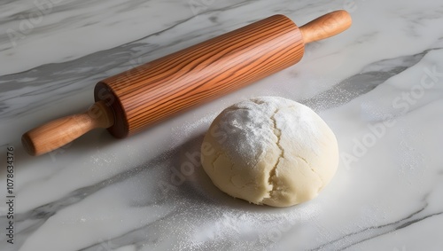 Natural wooden rolling pin beside dough on a marble surface photo