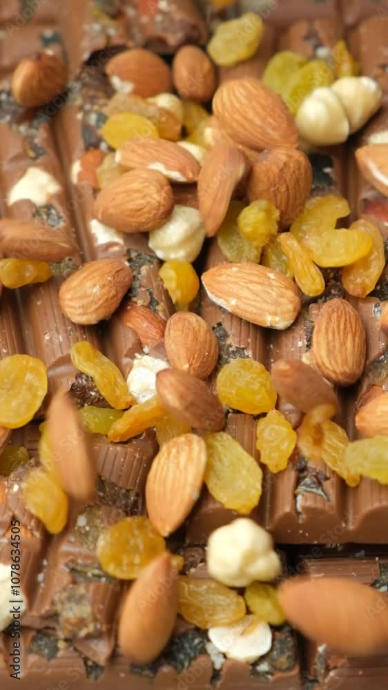 Almonds, hazelnuts and raisins pouring on milk chocolate bars vertical slow motion. Almonds, hazelnuts and raisins pouring on milk chocolate bars vertical slow motion.