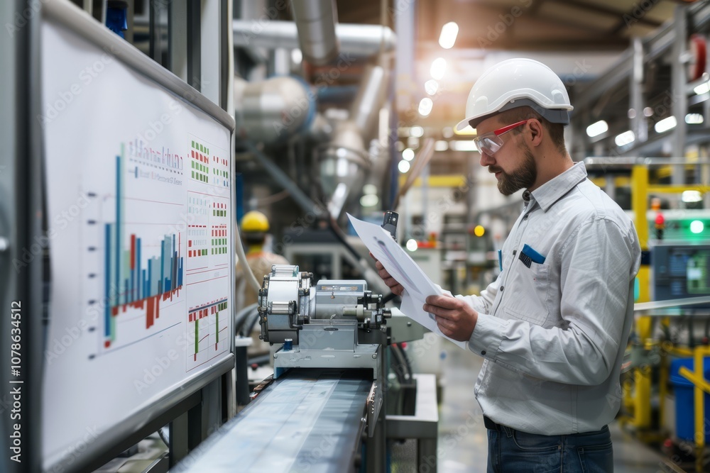 Industrial Workers Analyzing Data Analytics Charts on Factory Floor Industrial Workers Analyzing Data Analytics Charts on Factory Floor