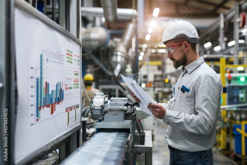 Industrial Workers Analyzing Data Analytics Charts on Factory Floor