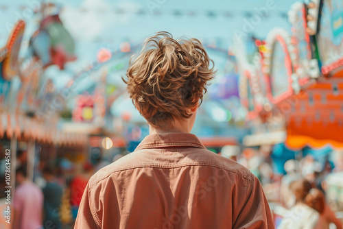 Generative AI Image of Young people friends Woman Man Enjoying Summer Fair with Colorful Amusement Park Background