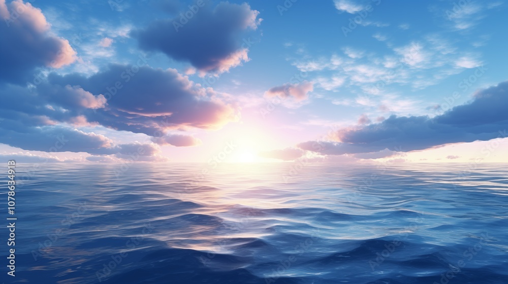 Obraz premium Sky with clouds over the sea, sunrise or sunset background pattern. Decorative horizontal banner. Digital artwork raster bitmap illustration. AI artwork. 