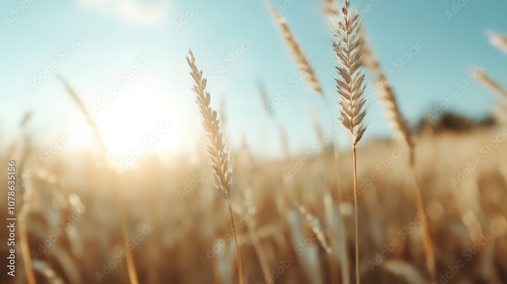A tranquil scene of golden wheat stalks swaying gently under the blue sky, with sunlight glistening through, symbolizing abundance and the harvest's promise. A tranquil scene of golden wheat stalks swaying gently under the blue sky, with sunlight glistening through, symbolizing abundance and the harvest's promise.